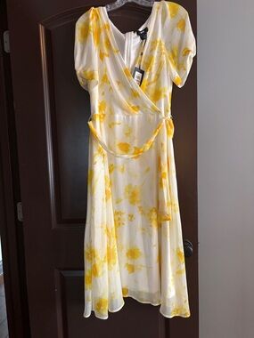 DKNY Yellow Floral Wrap Midi Dress